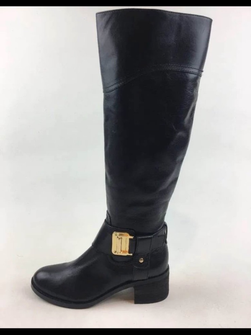 Vince Camuto Black Tall Leather Riding Boots with Gold Buckle